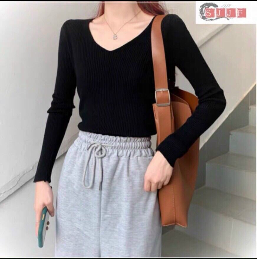 Áo len dệt kim nữ trơn cổ tim nhiểu màu