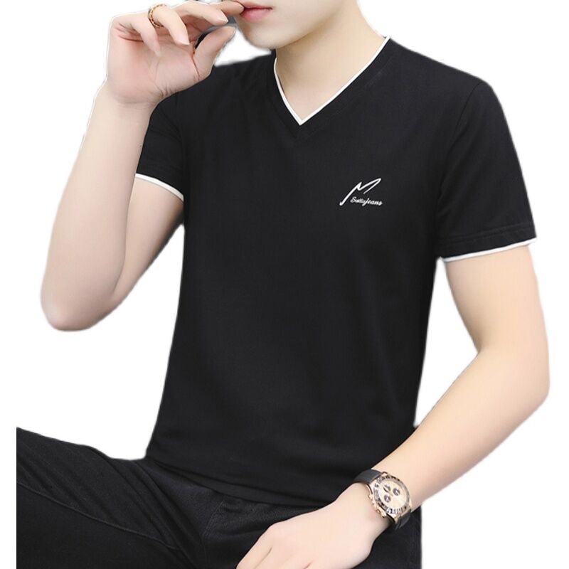 Áo Thun Nam Tay Ngắn Áo Thun Cổ Tim Chữ V 2023 Cotton Cho Thanh Niên Áo Thun Dễ Phối Thời Trang