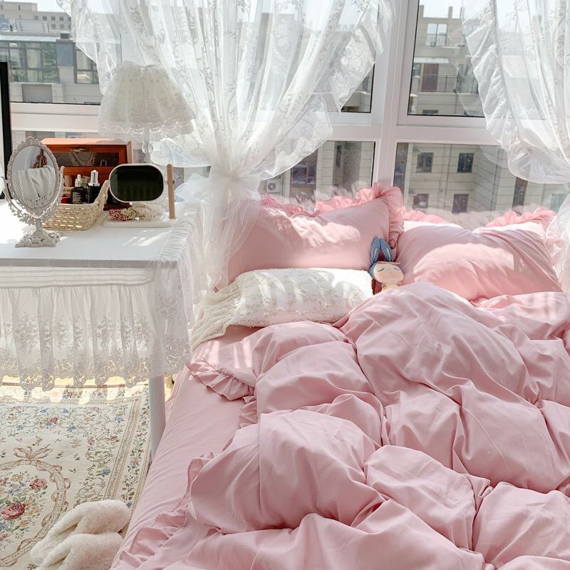 Bộ chăn ga gối Cotton tici viền bèo đáng yêu drap giường Hàn quốc ga trải bo chun đủ size - Màu Hồng phấn viền bèo..