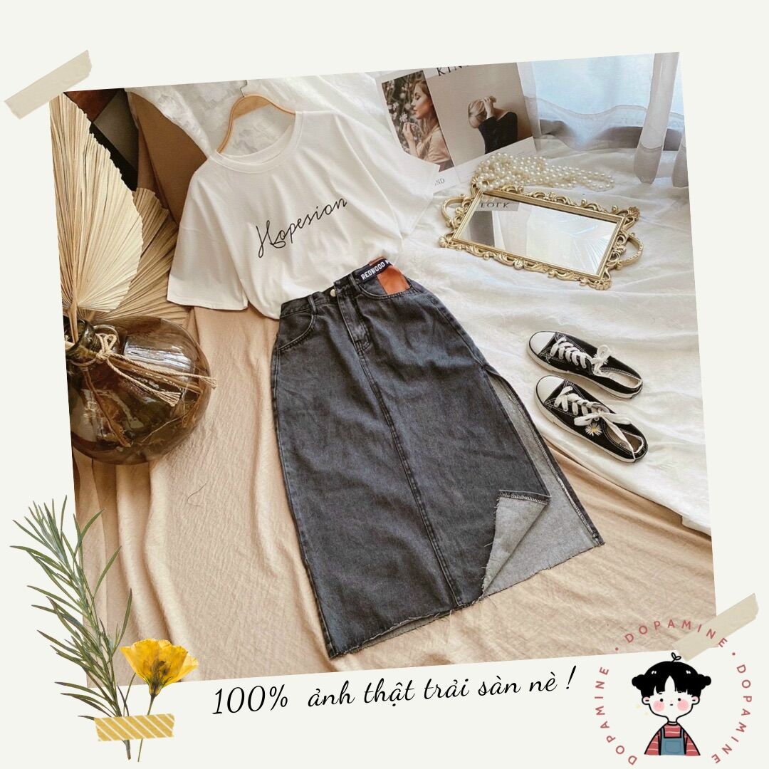 Set áo thun in chữ & chân váy jean