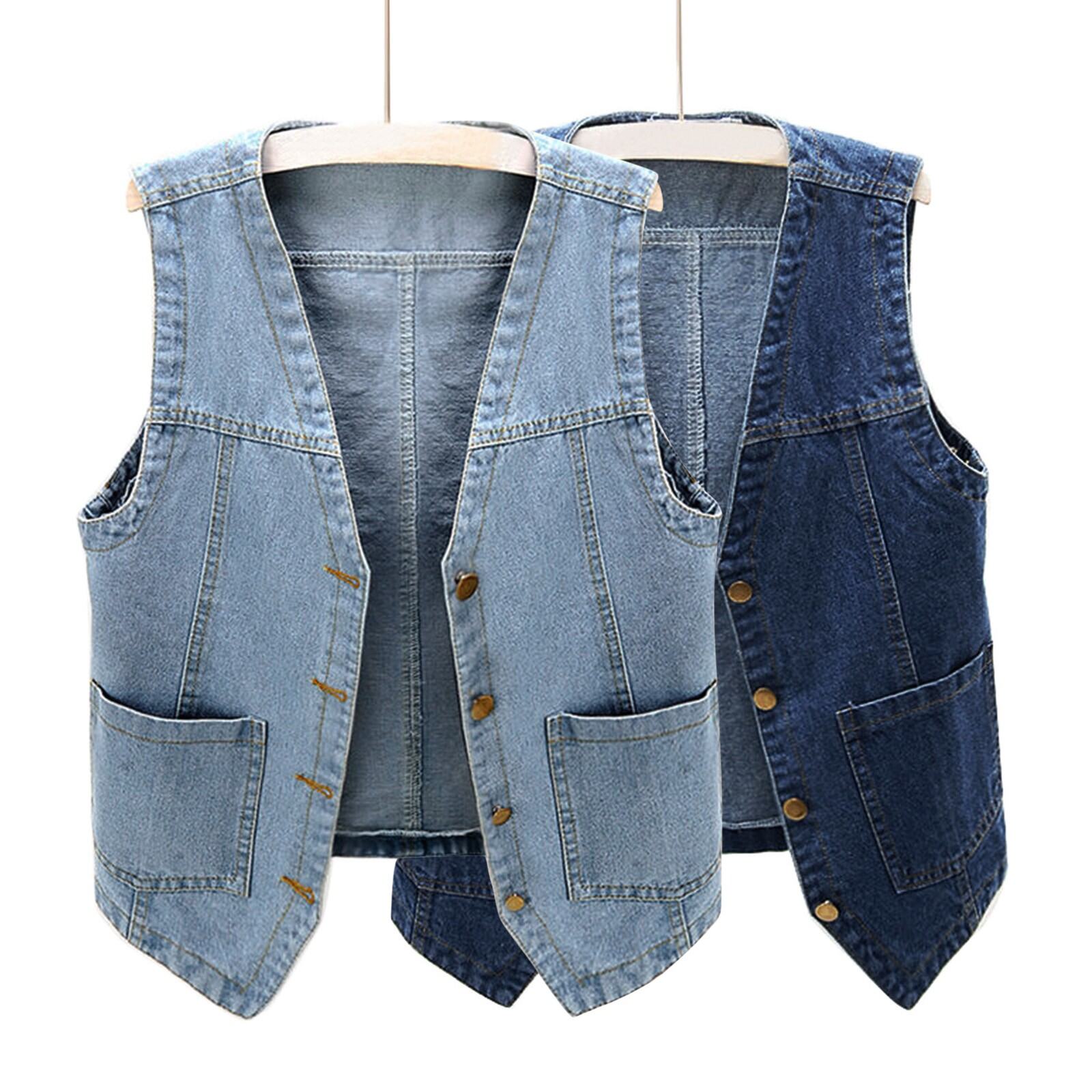 Nữ Vintage Áo Khoác Denim Áo Xuân Hè Áo Không Tay Top Xanh Ngắn Dáng Rộng Cổ Bẻ Chaleco