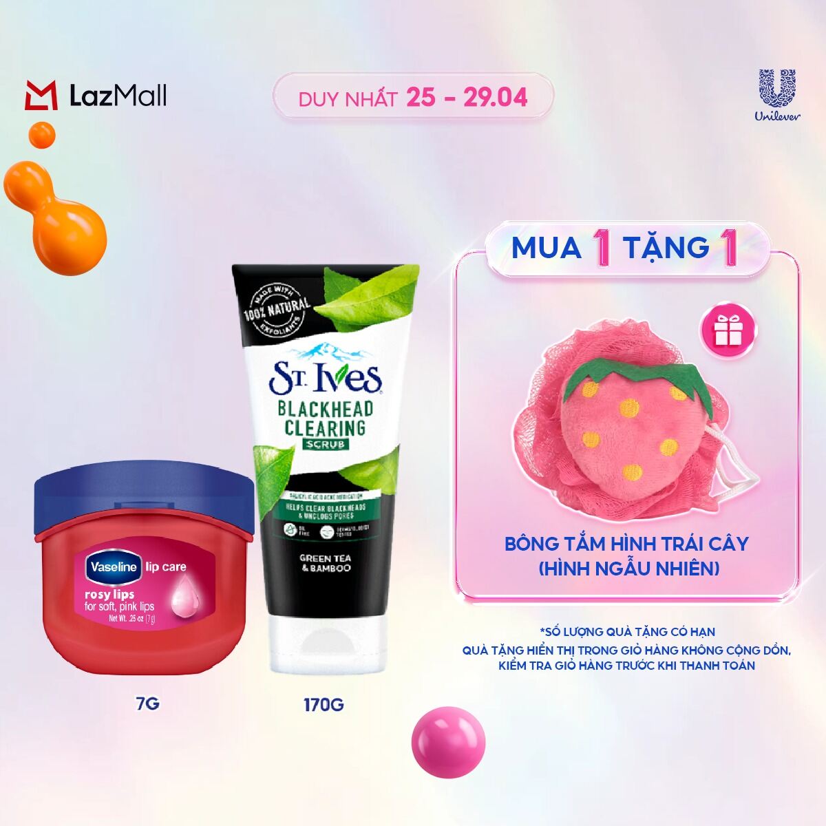 Combo Sữa rửa mặt tẩy tế bào chết ngừa mụn St.Ives Trà Xanh 170g + Sáp dưỡng môi Vaseline hồng xinh 7g