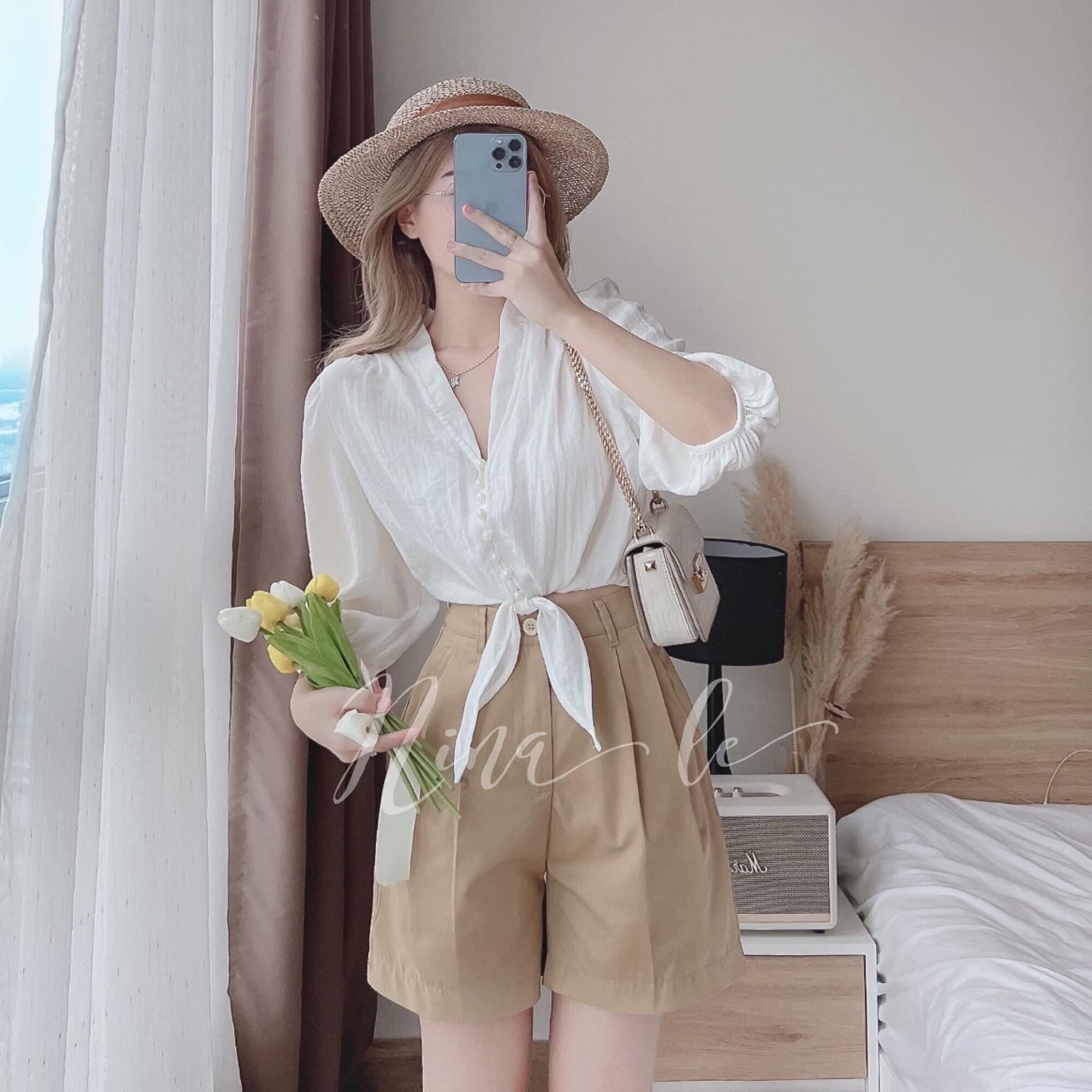 Set áo croptop cột nơ eo kèm quần short cực xinh