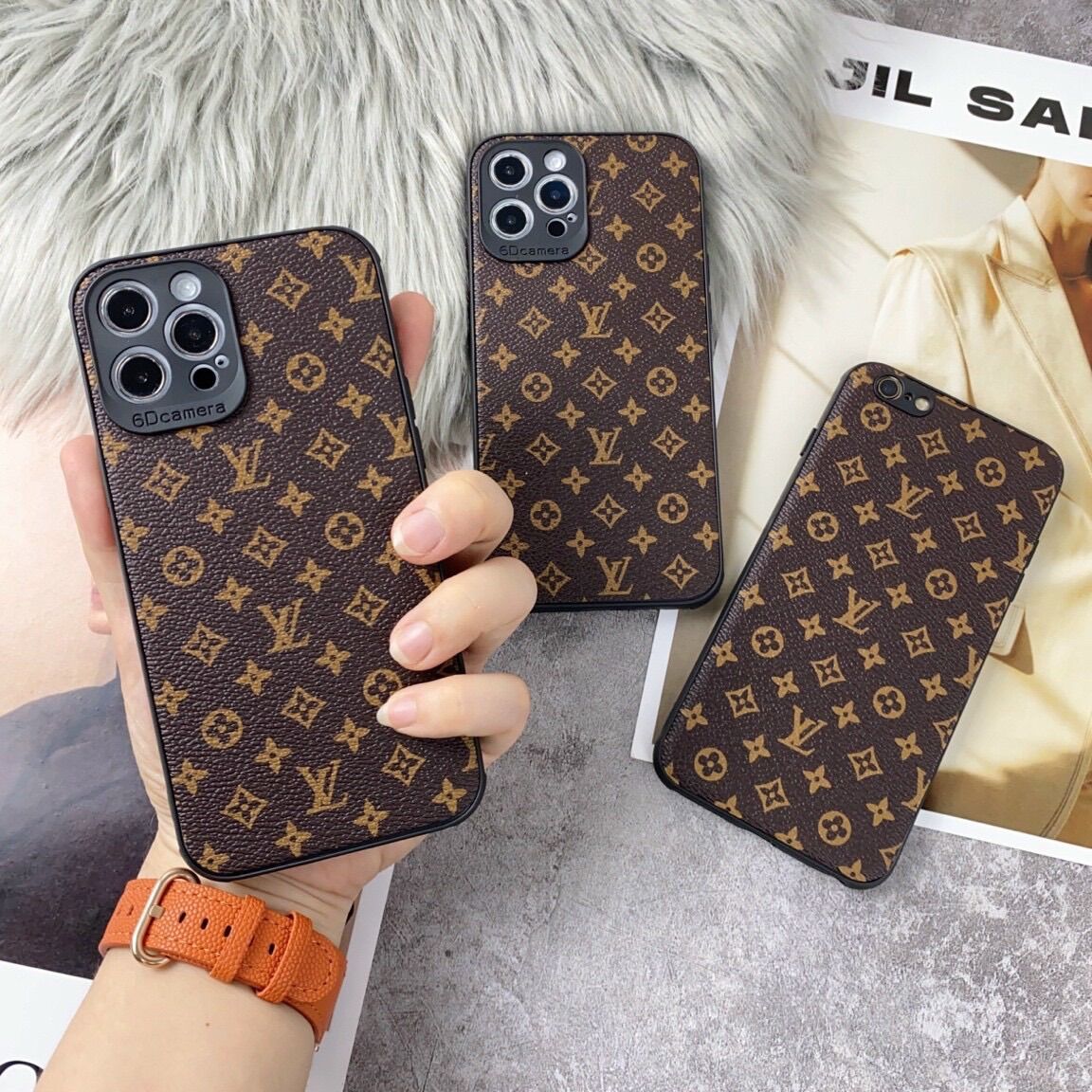 LV texture leather back phone case for iPhone protection plastic mobile phone