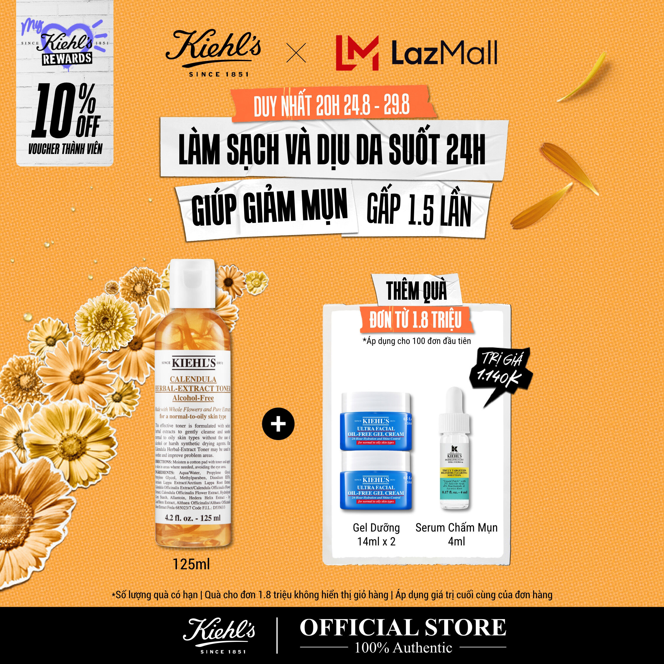 [VOUCHER 10% - TẶNG QUÀ ĐƠN 1.8TR] Nước cân bằng hoa cúc Kiehl's Calendula Herbal Extract Alcohol-Free Toner 125ml