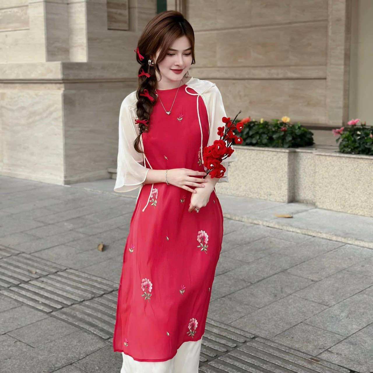 (SHOP TÁO ĐỎ BIGSIZE 50KG ĐẾN 90KG) set áo dài bồ công anh tay phối trắng