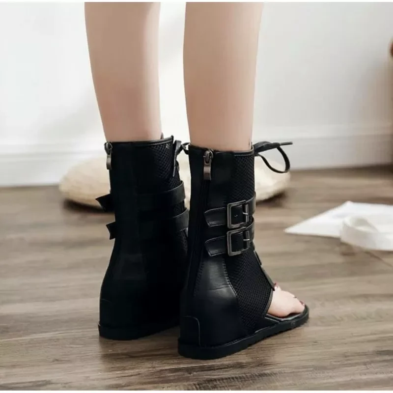 [HCM]Giày boots Nữ xỏ ngón 2 khóa đế độn cổ lửng (B01)