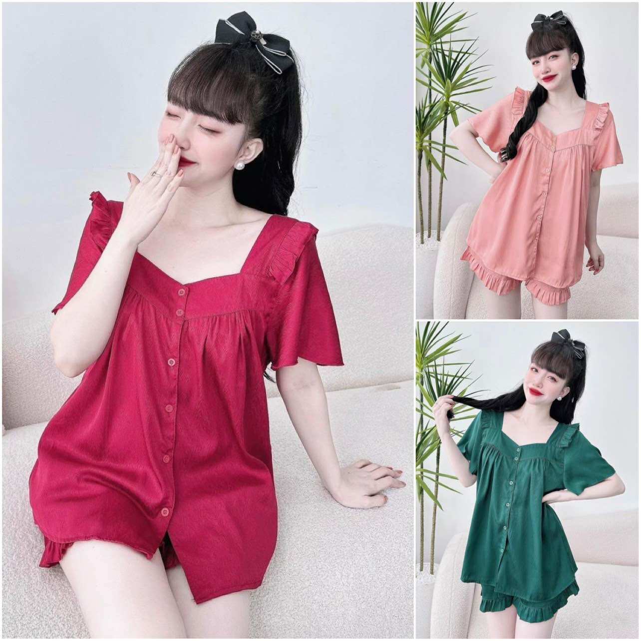 Đồ bộ bigsize lụa xước ánh kim - sang chảnh, chất rũ mượt - cổ vuông đùi