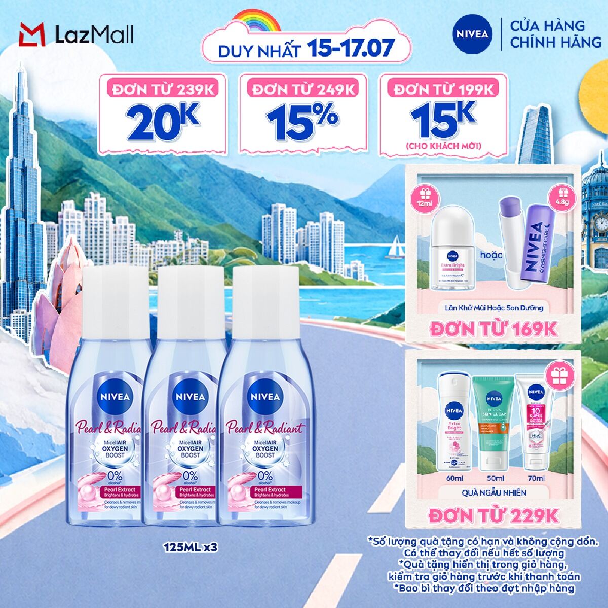 Bộ 3 Nước Tẩy Trang NIVEA Pearl  Radiant Micellair Oxygen Boost Micellar Water (125 ml) - 84910x3