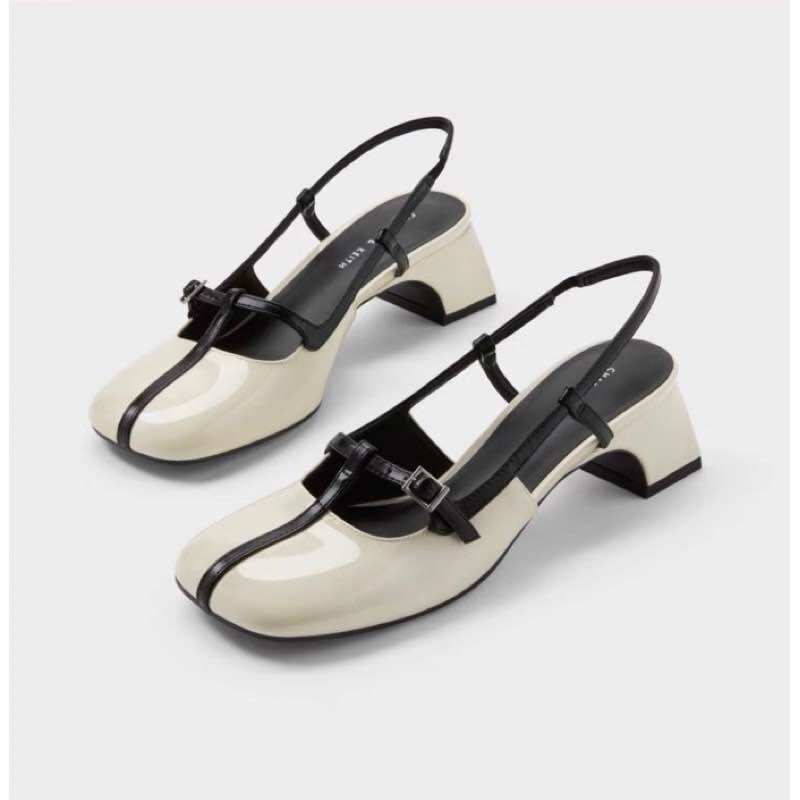 Giày sandal Cnk gót vuông Phối dây Đen mảnh hở gót