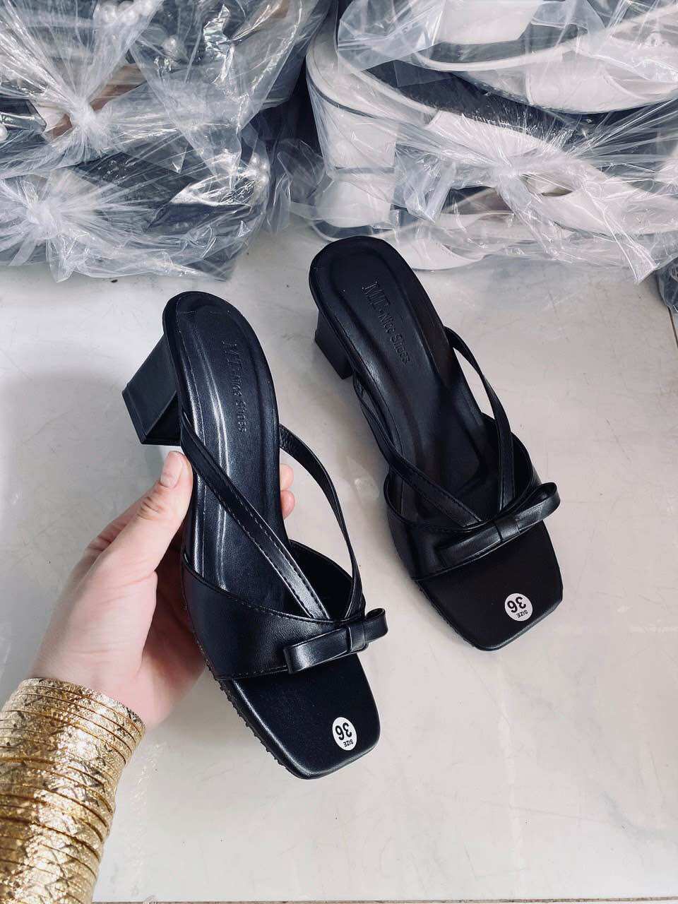 Dép nữ gót vuông đính nơ tiểu thư dễ thương
