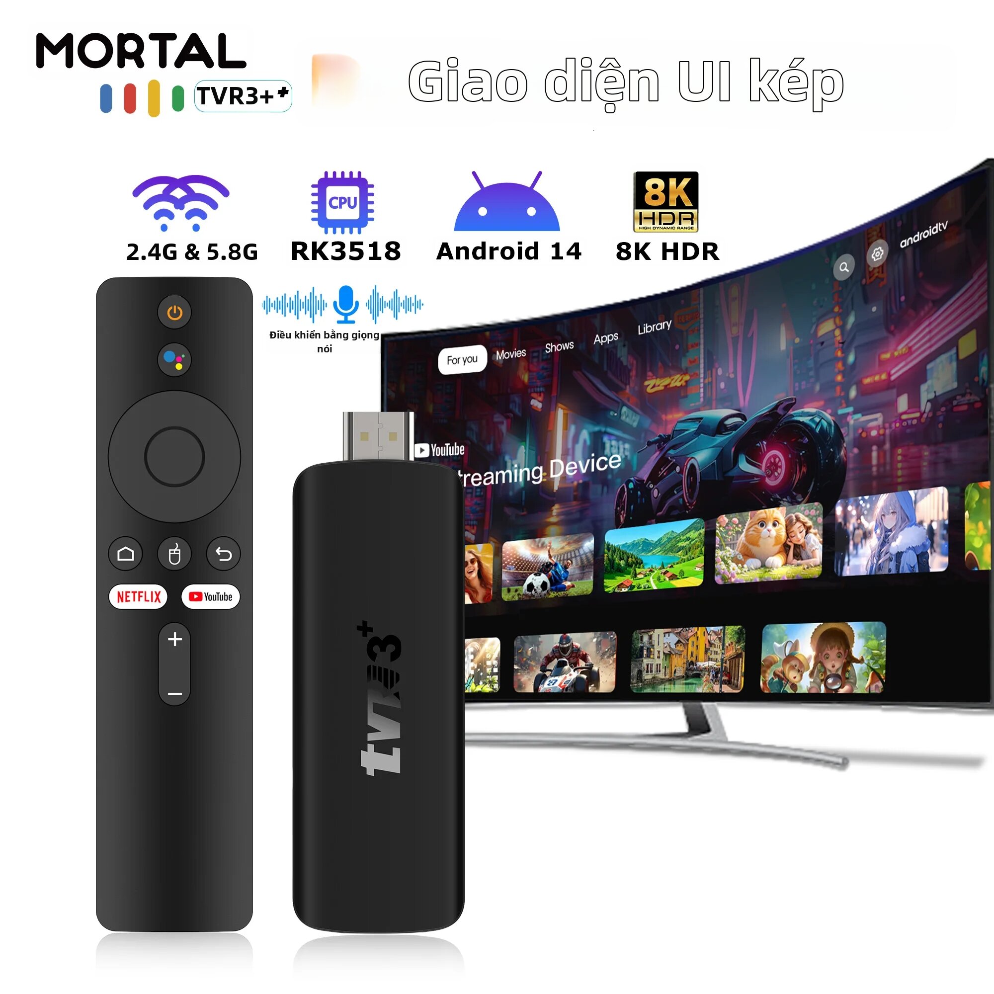 Thiết Bị Phát Trực Tuyến Đa Phương Tiện TVR3+ Smart TV Stick 4K Ultra HD Android 14.0 RK3518 Quad Core WiFi Băng Tần Kép BT5.4 Điều Khiển Bằng Giọng Nói