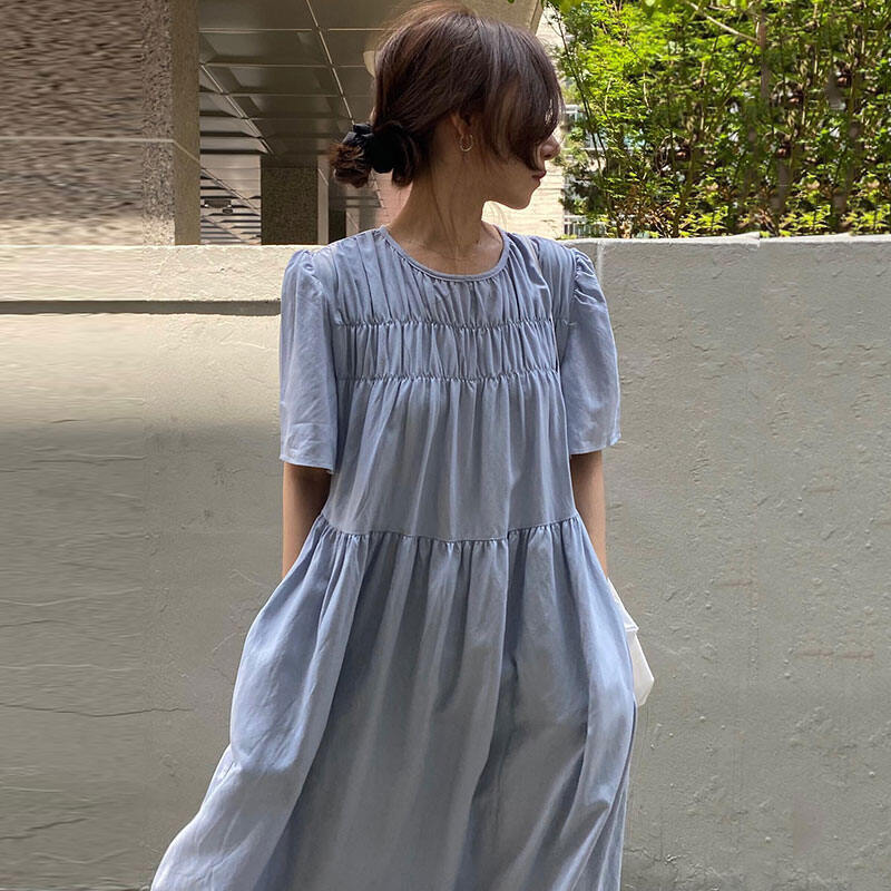 Váy Dài Tay Bồng Cổ Tròn Xếp Ly Kiểu Pháp Mùa Hè Cho Nữ Váy Midi Cạp Cao Không Tay Màu Trơn Phong Cách Công Sở
