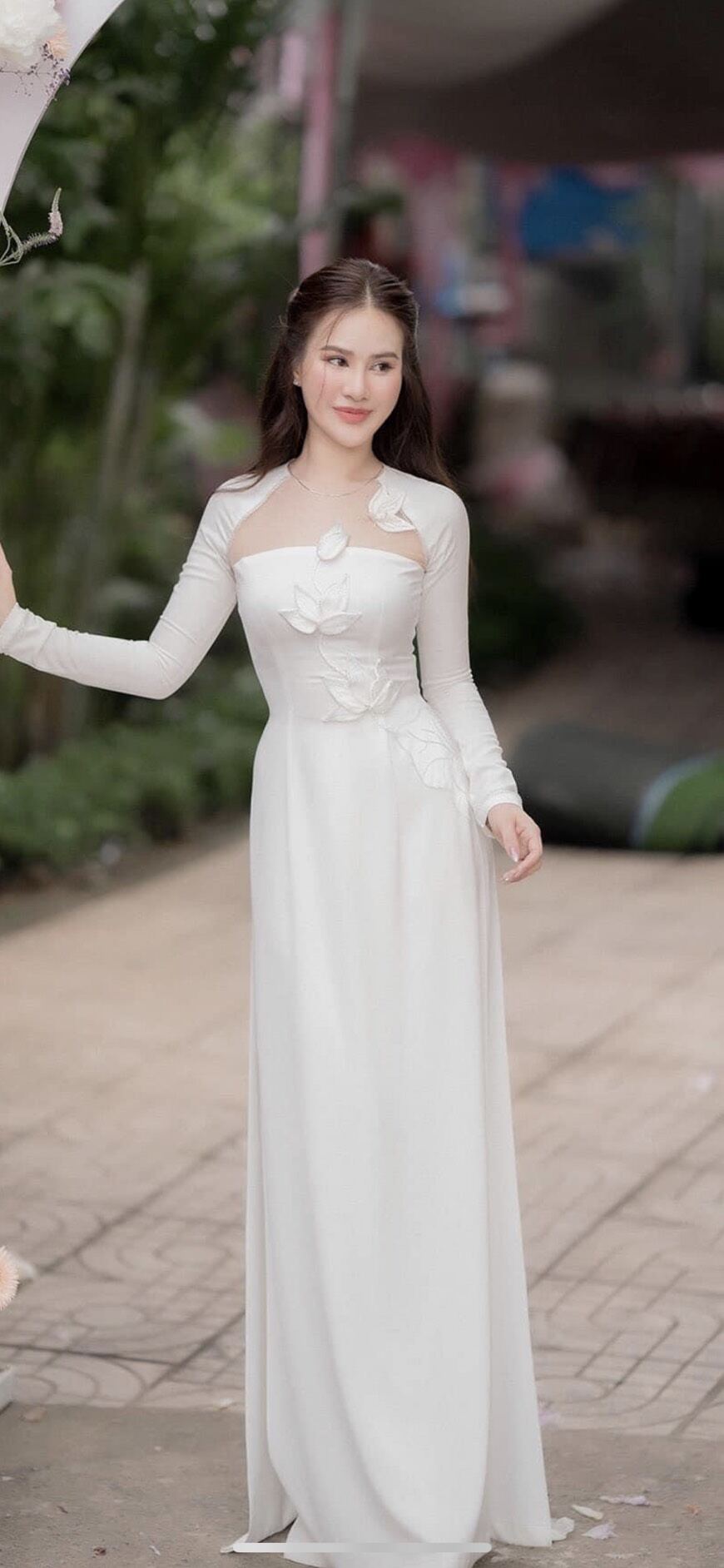 Lotus Ao Dai with Mesh Collar for Wedding Party