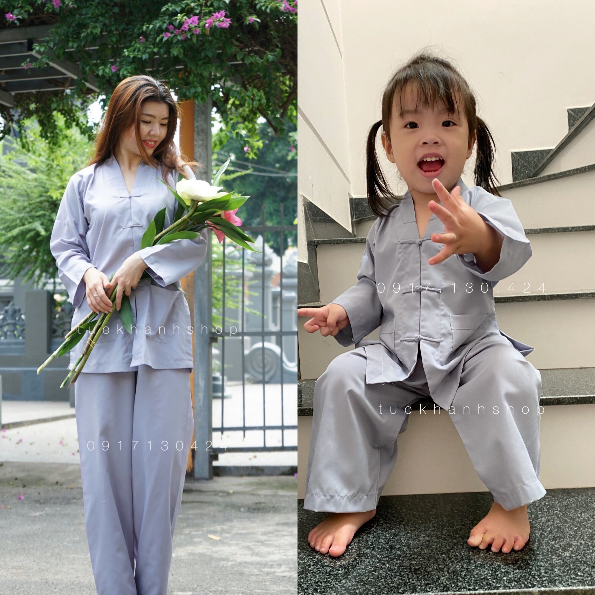 Đồ lam đi chùa cho bé gái màu lam kiểu la hán