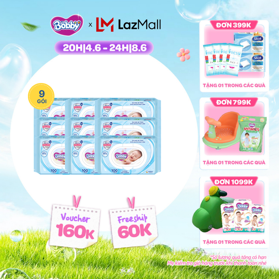 [QUÀ TẶNG HẤP DẪN TỪ 9-10.6]Combo 9 gói khăn ướt Bobby Care không hương 100 miếng/gói