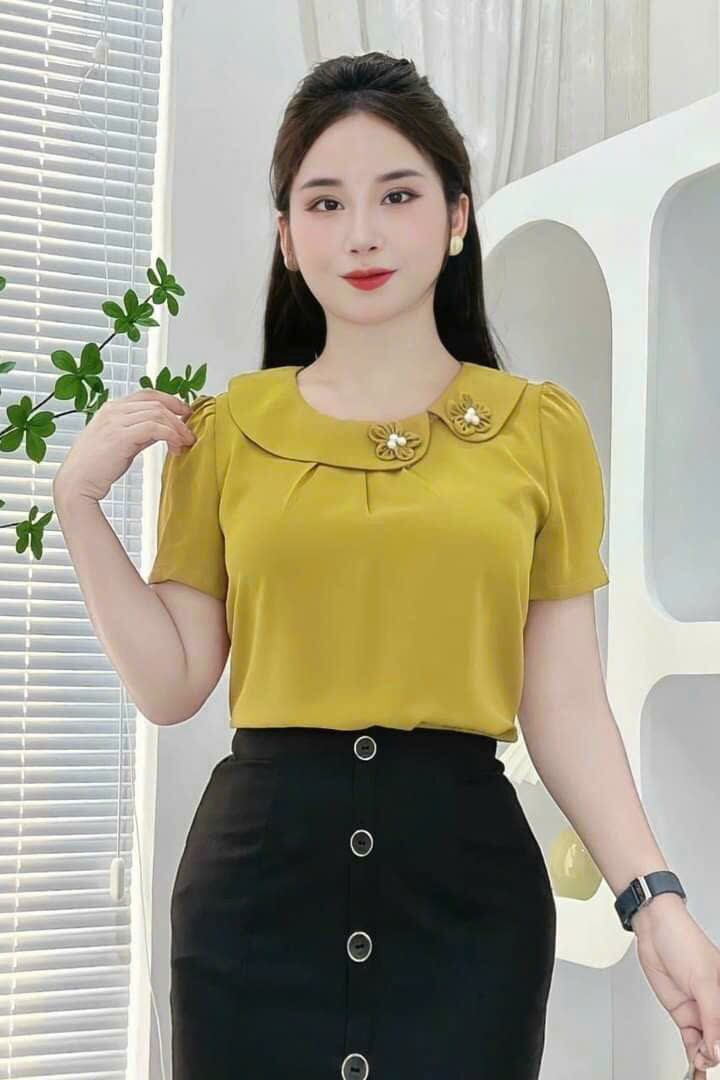 Áo kiểu nữ duyên dáng xinh xắn tay ngắn cổ thuyền đơn giản