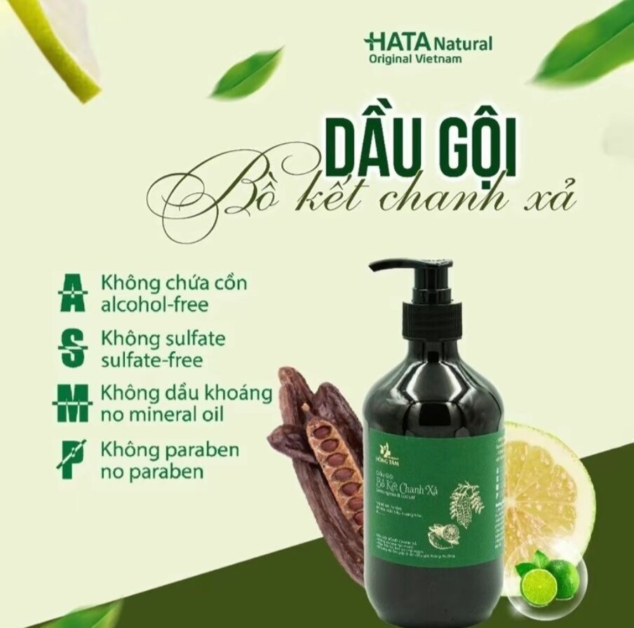 Dầu gội bồ kết chanh sả HATA 500ml, Dầu gội đầu giảm gãy rụng tóc, giảm gàu, kích thích mọc tóc 🌱 An