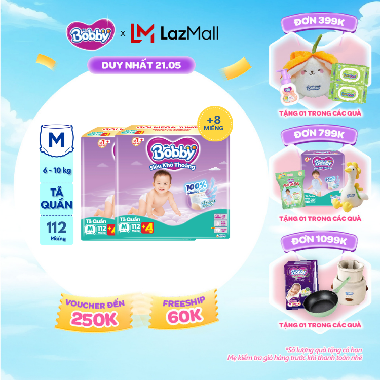 [SALE CUỐI THÁNG tặng QUÀ TO-SLCH][TẶNG MIẾNG NGẪU NHIÊN] Combo 2 Tã/bỉm quần Bobby 3mm Mega Jumbo Siêu khô thoáng M112
