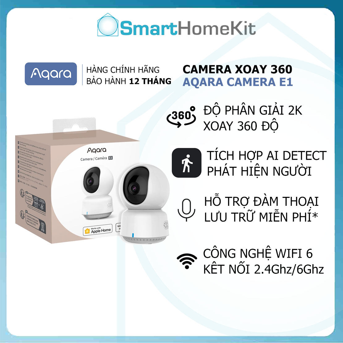 Camera an ninh trong nhà aqara e1 ch-c01e 2k, pan & tilt | bảo mật homekit
