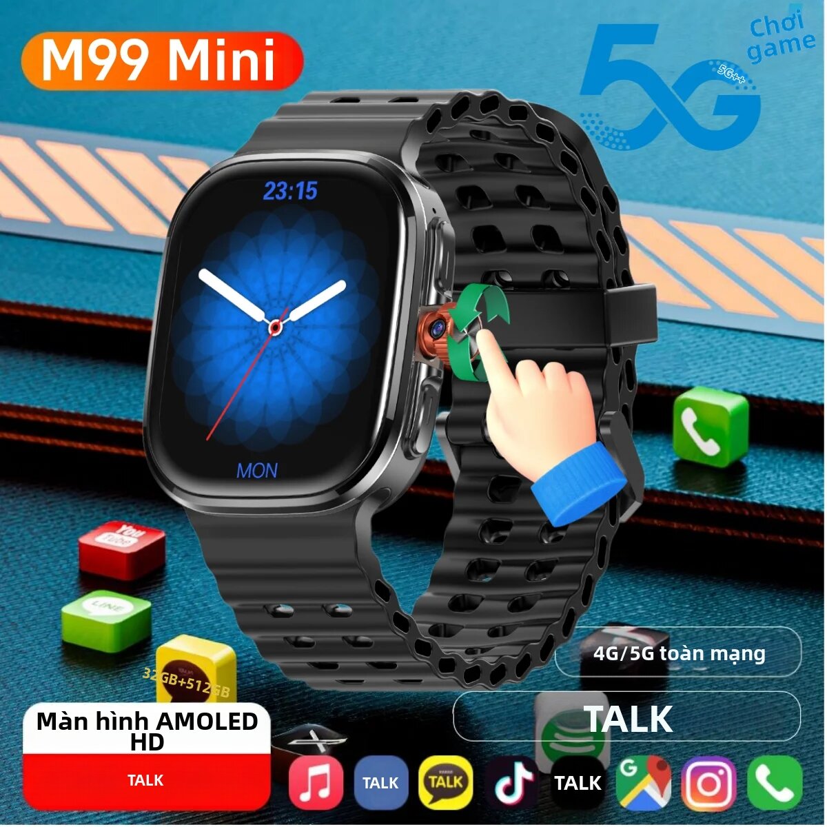 Đồng Hồ Thông Minh M99 Mini Android 13.0 Màn Hình Cảm Ứng 2.2 Inch, Tích Hợp GPS, WiFi, Khe Cắm SIM, Camera Xoay, Theo Dõi Giấc Ngủ & Nhịp Tim, Dành Cho Người Lớn (nam & Nữ)