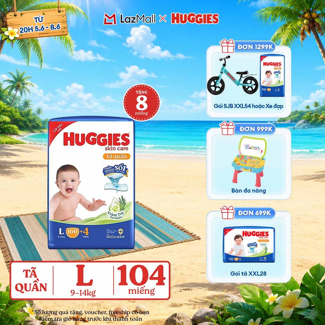 [CHỈ 9-10.6 GIẢM THÊM 90K]  Gói Tã/bỉm quần HUGGIES SKINCARE MEGA JUMBO size L100+4 miếng