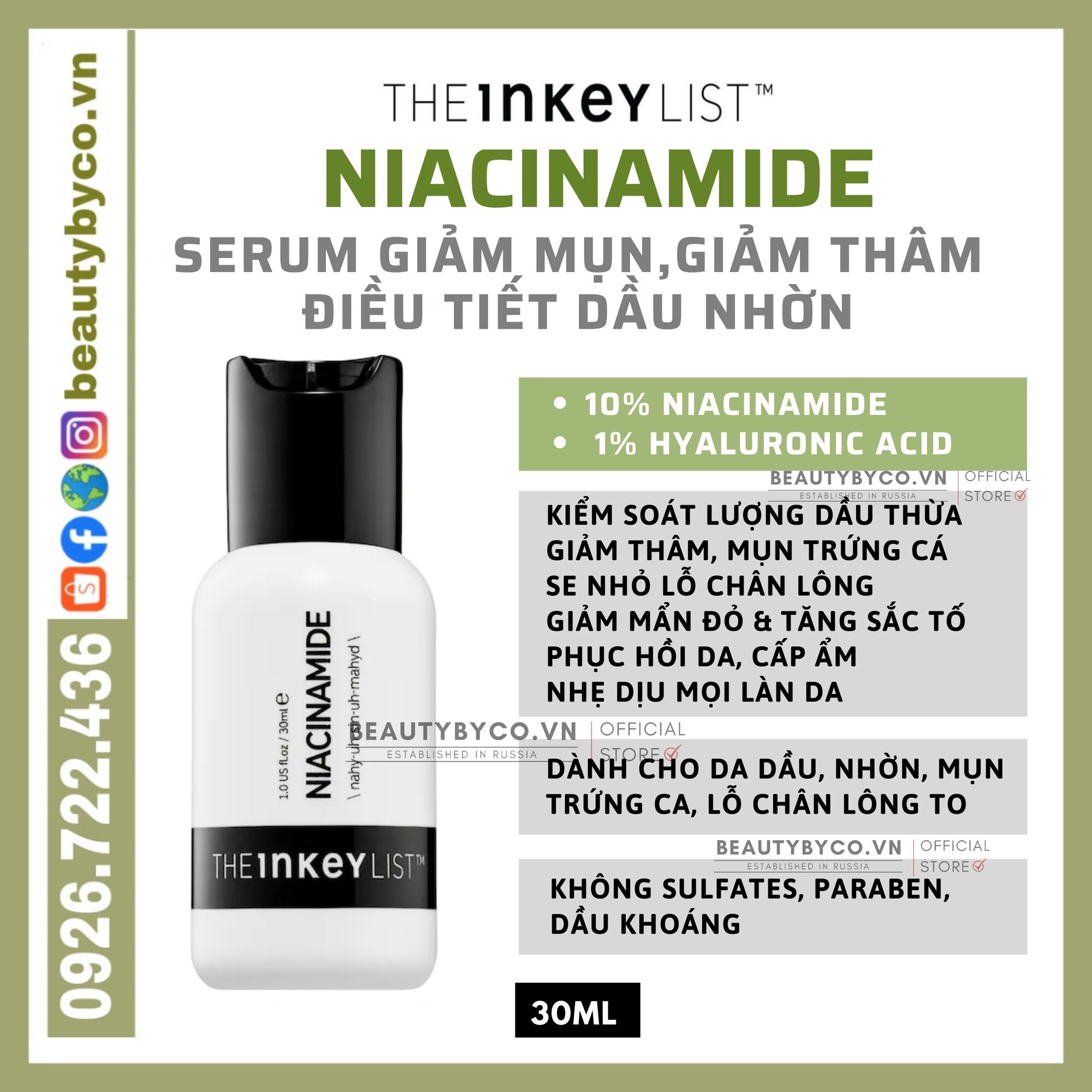 (Bill Sephora) Tinh Chất Niacinamide The Inkey List Kiềm Dầu Giảm Mụn Mờ Thâm (30Ml)