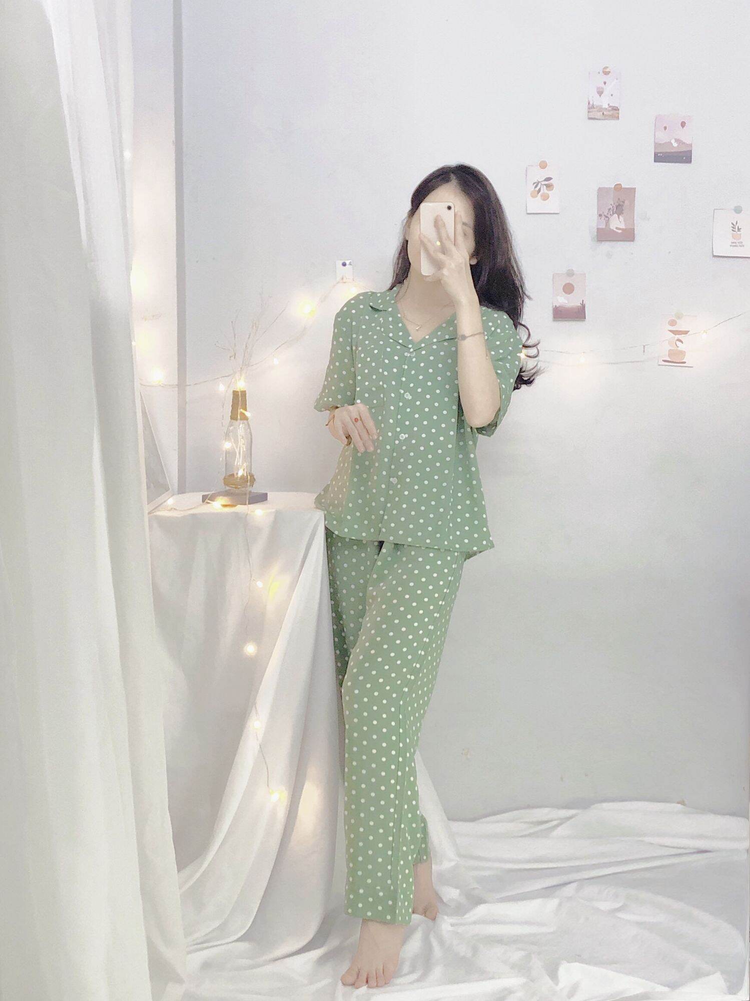 Đồ bộ mặc nhà mango nữ họa tiết chấm bi nền nã , nhẹ nhàng 💚💚💚