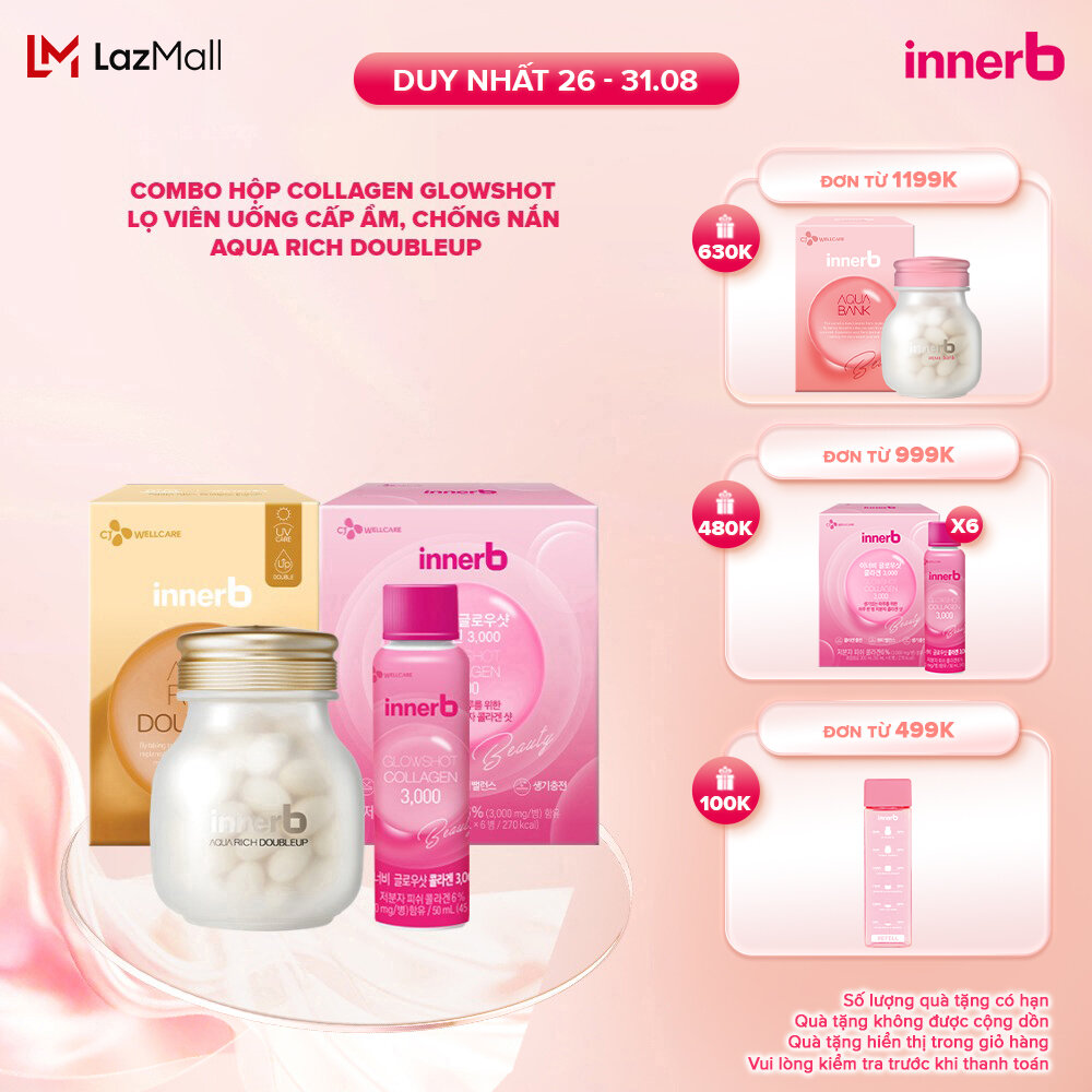 Combo hộp nước uống Collagen InnerB Glowshot (50mlx6) & INNERB AQUA RICH DOUBLEUP (giúp giữ ẩm da sáng mịn từ Axit Hyaluronic) lọ 56 viên