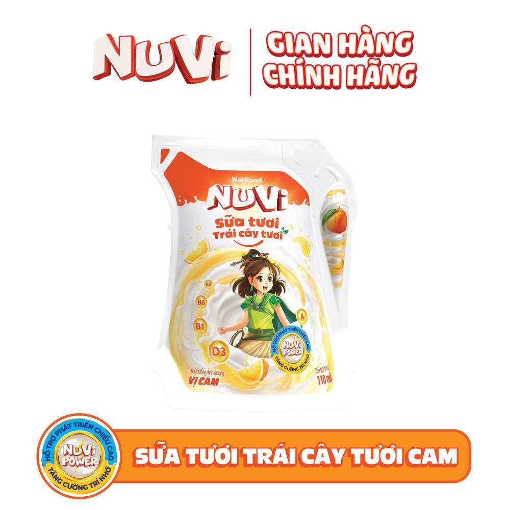 Nuvi sữa tươi trái cây tươi cam 110ml - thùng 24 túi