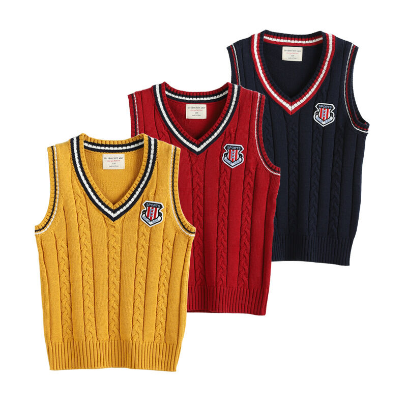 Đồng Phục Học Sinh Bé Trai Bé Gái Vặn Thừng Cổ Chữ V Phong Cách Hàn Quốc Áo Gi Lê Trẻ Em Lớn Vừa Sợi Len Cotton Áo Ba Lỗ Không Tay Dệt Kim Phong Cách Học Đường