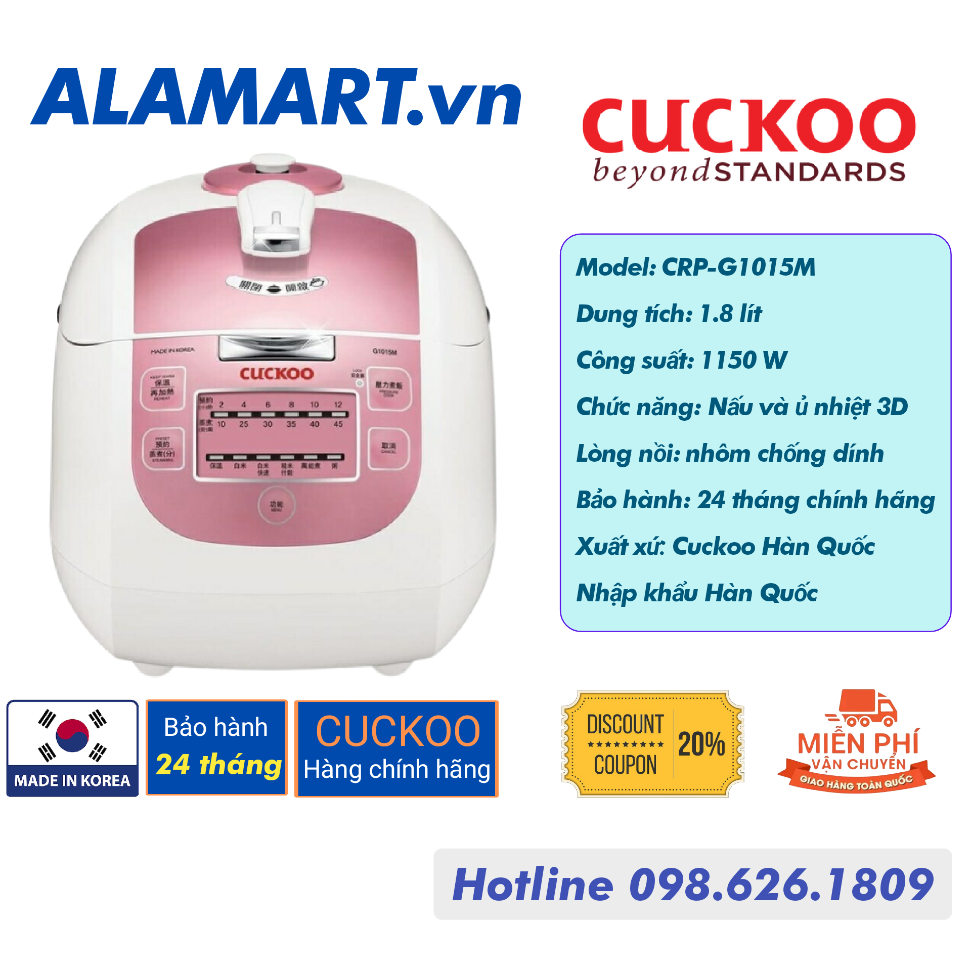 [HCM]Nồi cơm áp suất điện tử Cuckoo 1.8 lít CRP-G1015M