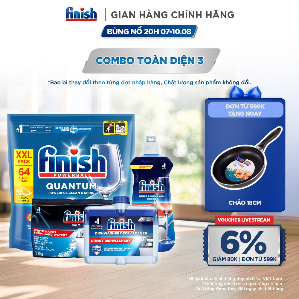 Combo Finish toàn diện 3: Viên Rửa Chén Bát Finish Powerball Quantum 64 viên + Nước Làm Bóng Finish 500ml + Muối Rửa Chén Finish Salt túi 1kg + Dung dịch vệ sinh máy