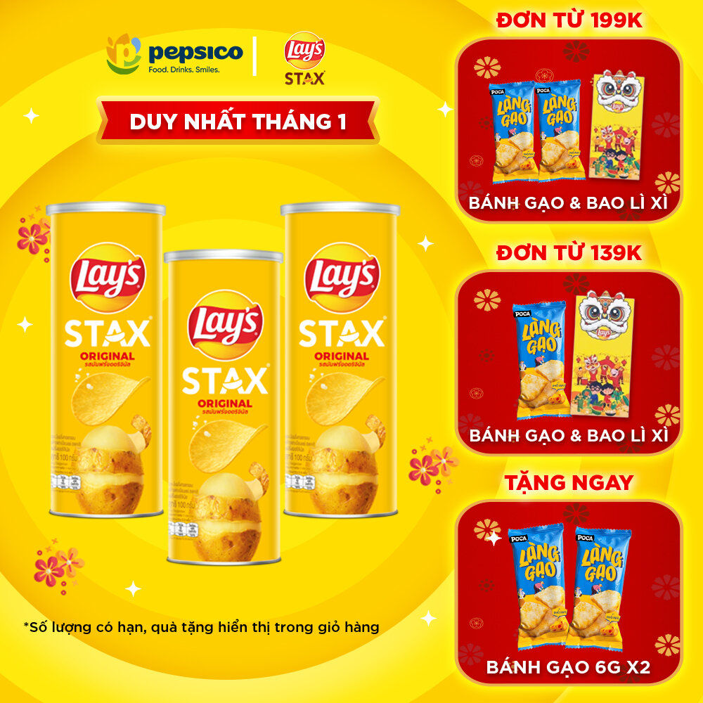 Combo 3 Ống Bánh khoai tây LAYS STAX 100G vị Tự Nhiên/Tôm Hùm Nướng/Mực Cay/Bò Wagyu Nấm Truffle/Kem