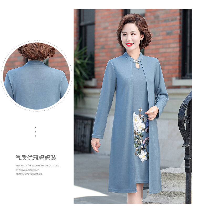 Đầm Dài Tay Thời Trang Thu Đông Cho Phụ Nữ 40-49 Tuổi Đầm Dài Hai Mảnh Giả Cho Bà Mẹ Trung Niên Và C
