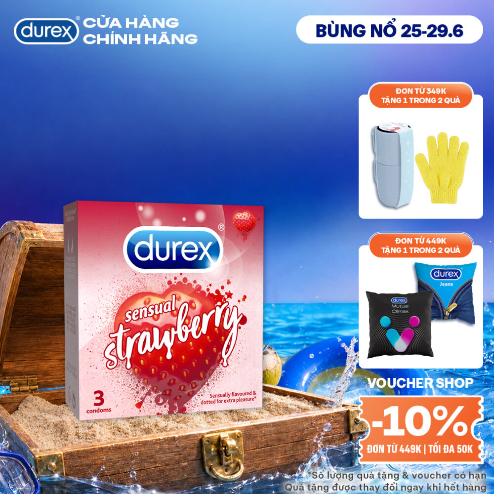 Bao cao su Durex Sensual Strawberry hương dâu (size 52mm, hộp 3 bao)