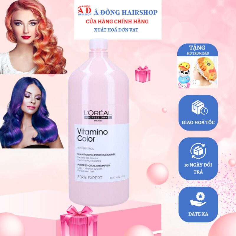 [+Tặng mũ trùm][L'oreal][1500ML] Dầu gội Loreal Vitamino Color giữ màu tóc nhuộm lâu phai New (SPAIN)