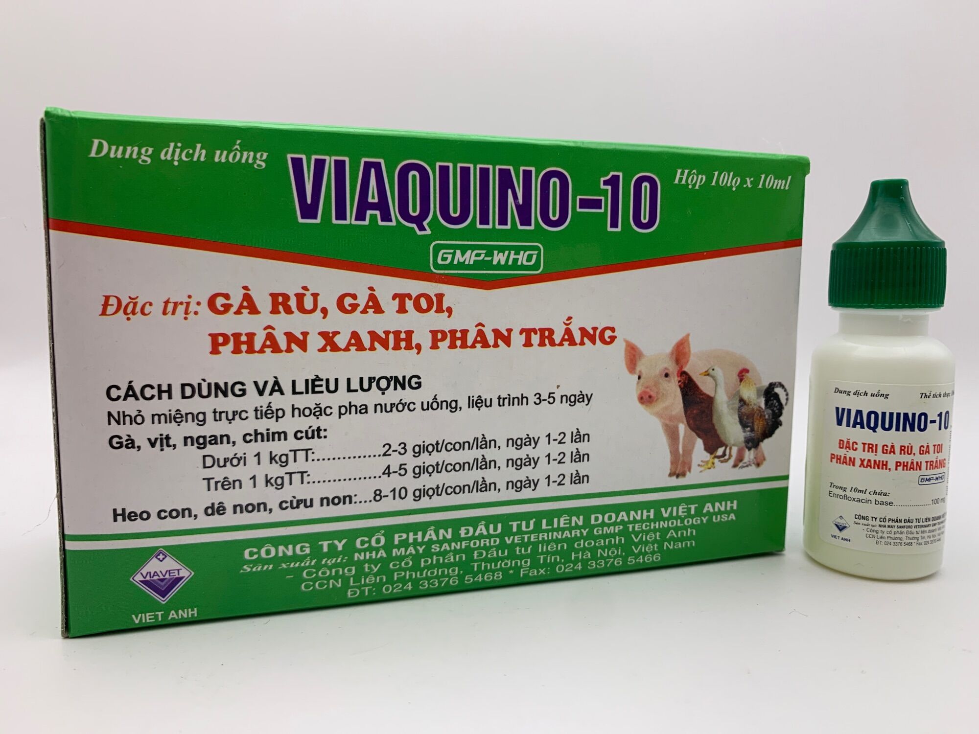 VIAQUINO 10 (10 lọ x 10ml) - gà rù, gà toi, phân xanh, phân trắng trên gà, vịt, ngan, chim cút