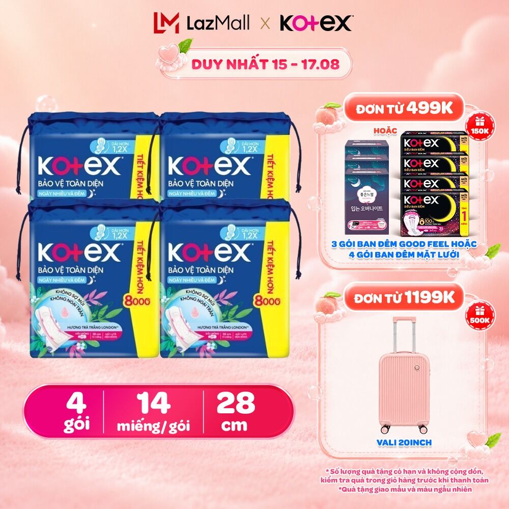Lốc 4 Gói băng vệ sinh Kotex Bảo Vệ Toàn Diện Ngày Nhiều và Đêm 28cm Siêu Mỏng Cánh 14 miếng/gói [Bao bì thay đổi theo từng đợt nhập hàng]