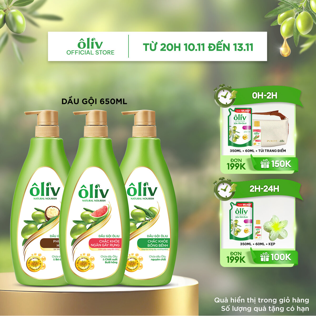 Dầu gội ôliv chắc khỏe/phục hồi 650ml