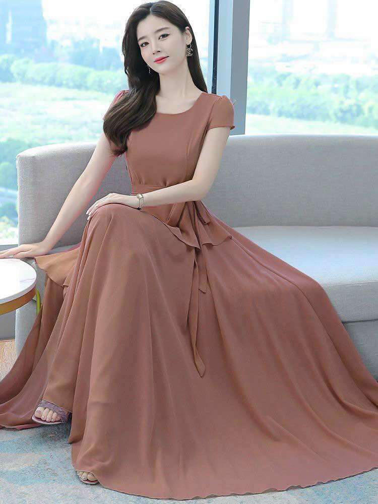 ĐẦM XOÈ THẮT DÂY EO, ĐẦM MAXI ĐI BIỂN CỔ TRÒN