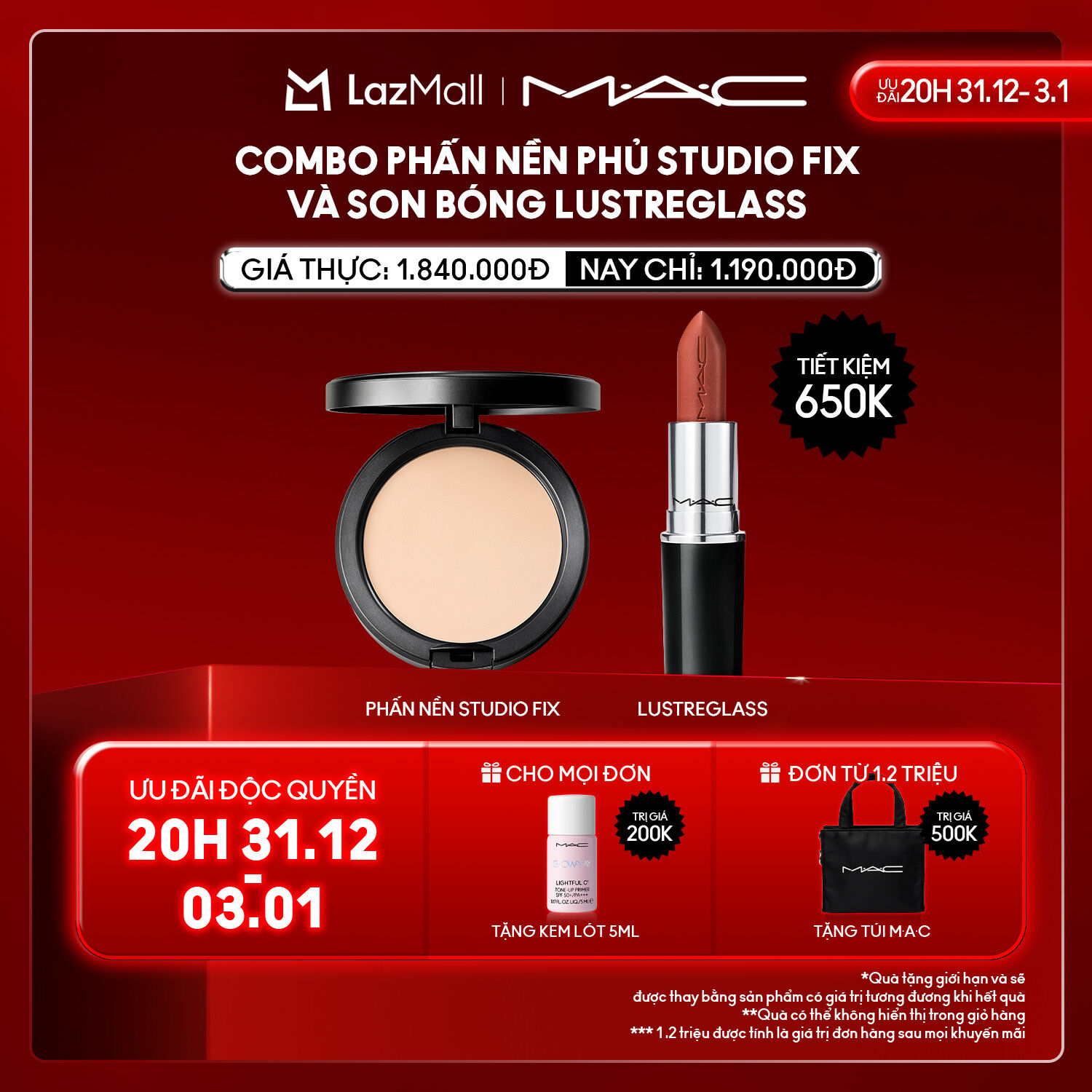   ĐỘC QUYỀN 20H 31.12-3.1  MAC - Bộ 2 món: MAC Studio Fix Powder Plus Foundation   Son thỏi bóng Lustreglass - Lớp nền mịn lì kiểm soát dầu thừa suốt 24 giờ – Sản phẩm bán chạy 
