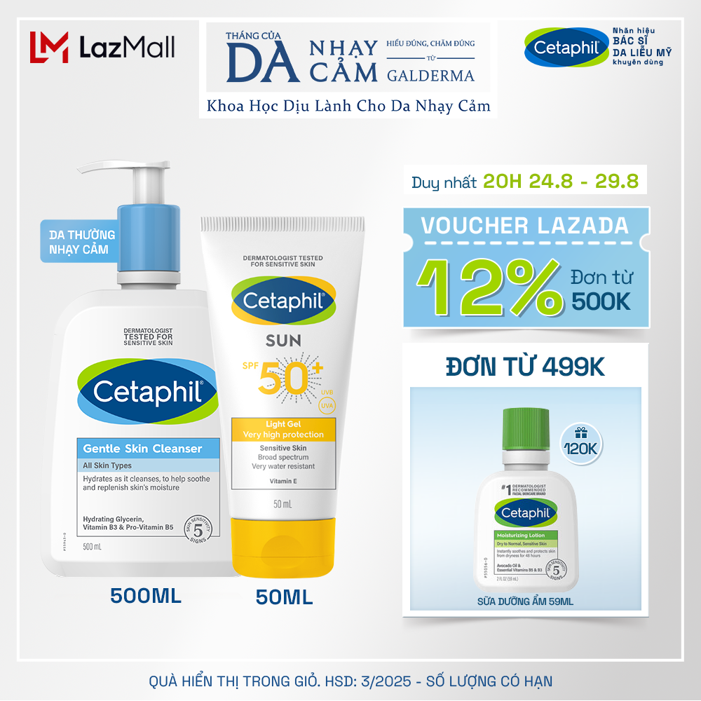 Combo sữa rửa mặt cetaphil gentle skin cleanser 500ml + gel chống nắng cho da nhạy cảm cetaphil sun spf 50+ light gel