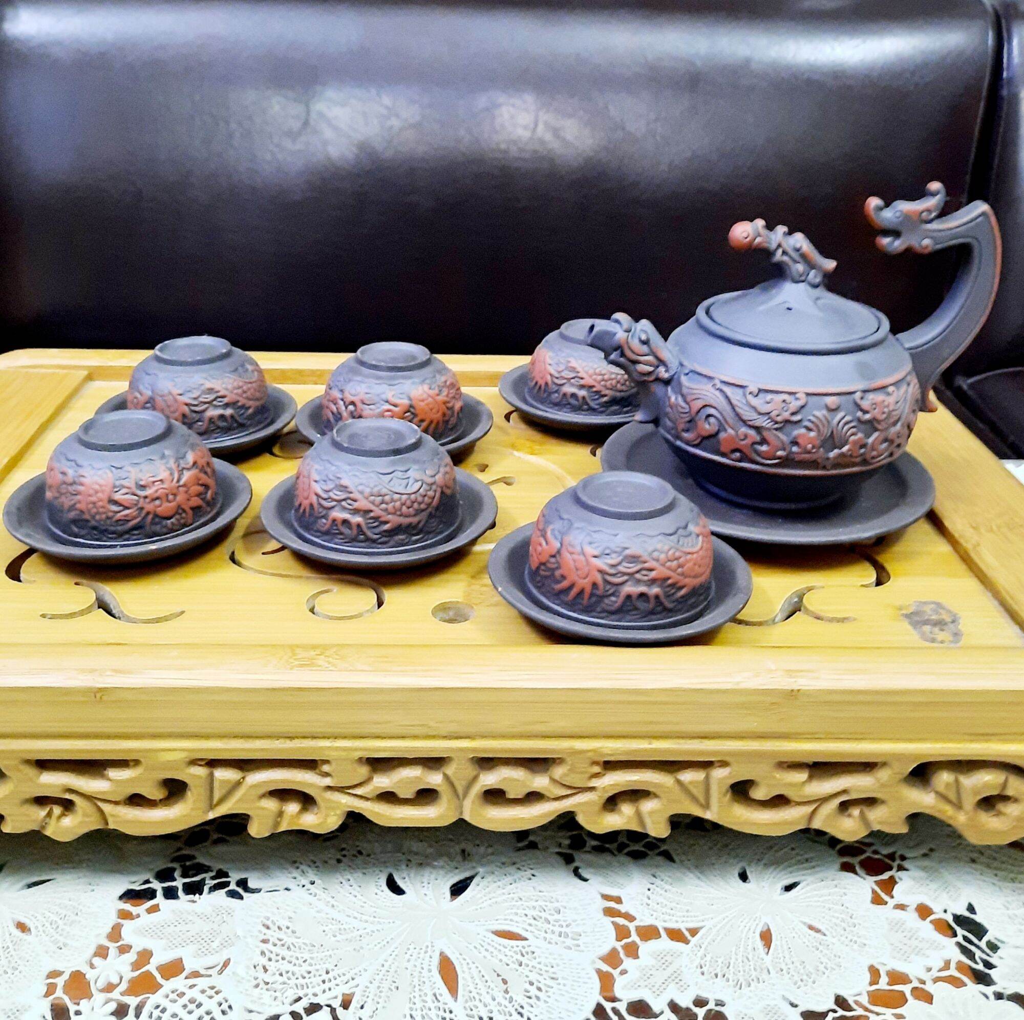Bộ ấm trà tử sa khắc nổi cao cấp gốm sứ Bát Tràng
