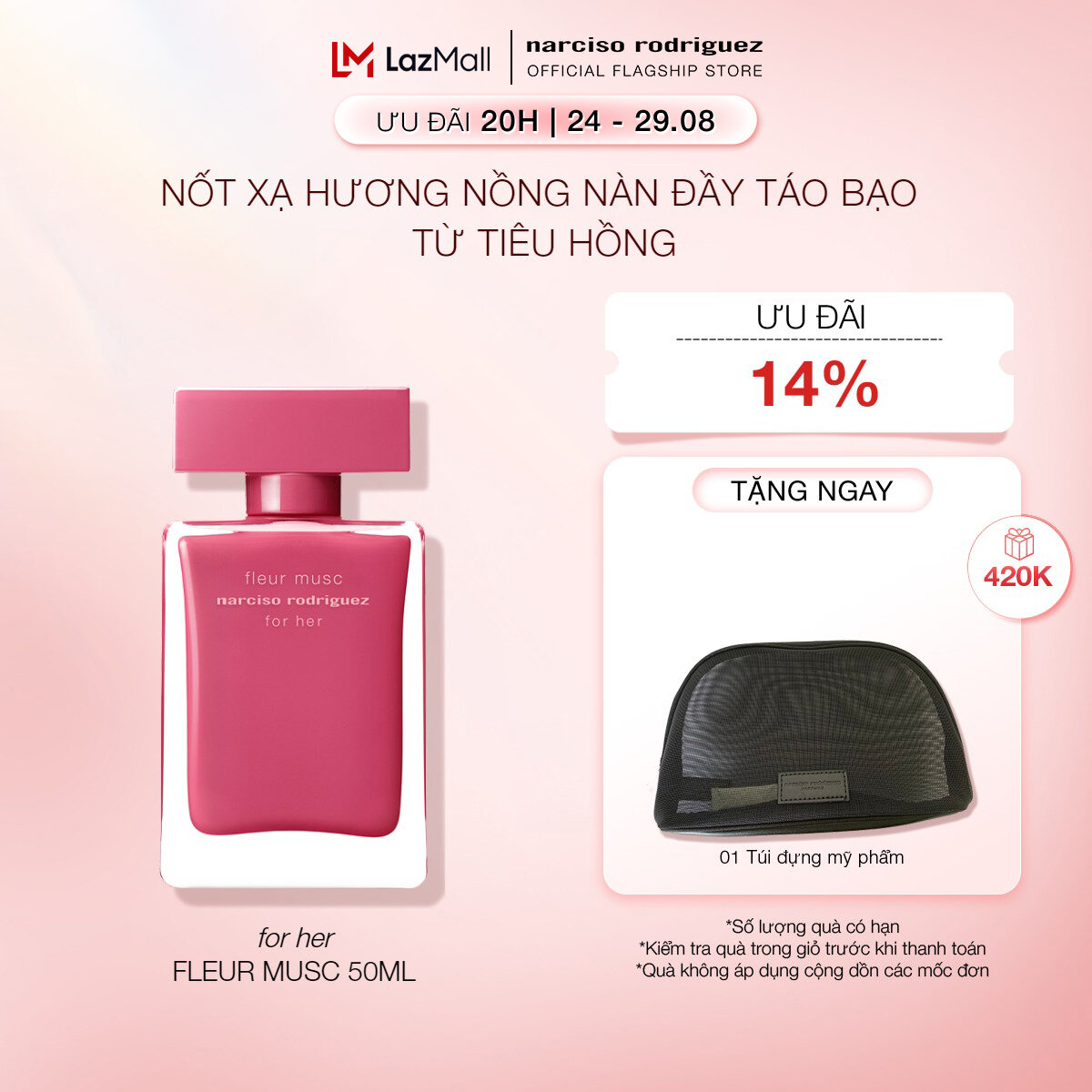 [20H | 24 - 29.08 | ƯU ĐÃI ĐẾN 19% + QUÀ TẶNG 420K] Nước Hoa nữ Narciso Rodriguez Fleur Musc For Her Eau De Parfum 50ml