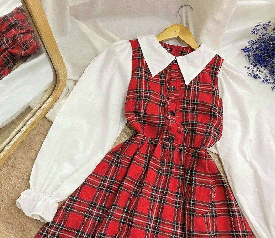 Đầm tiểu thư cổ bẻ caro đỏ xinh xắn
