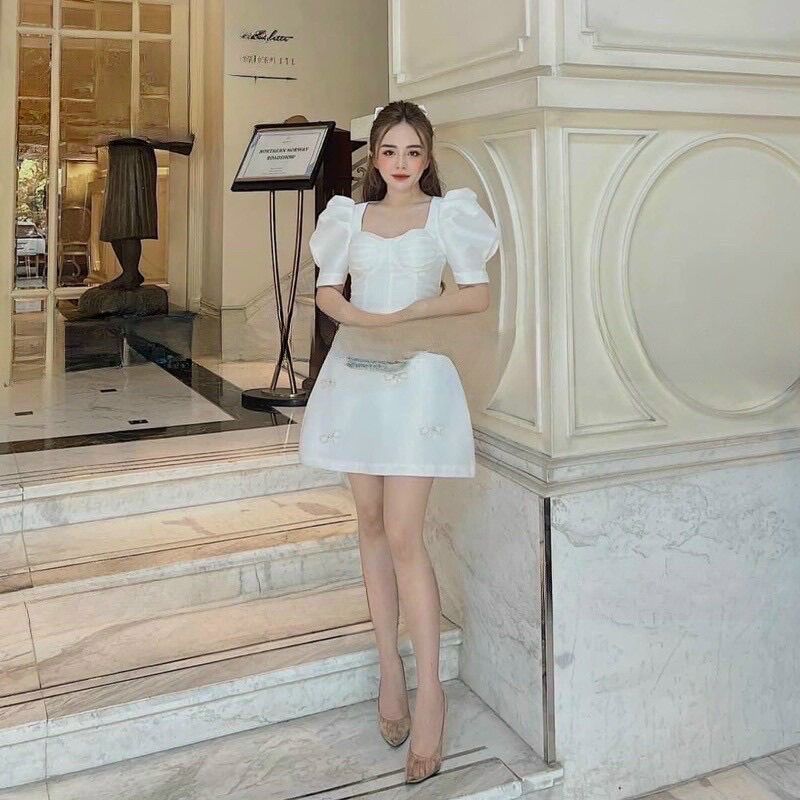 Đầm nơ ngắn tay phồng
