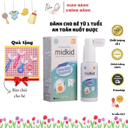 Xịt chống sâu răng Midkid dùng cho bé từ 1 tuổi an toàn nuốt được loại bỏ mảng bám bảo vệ men răng chắc khoẻ