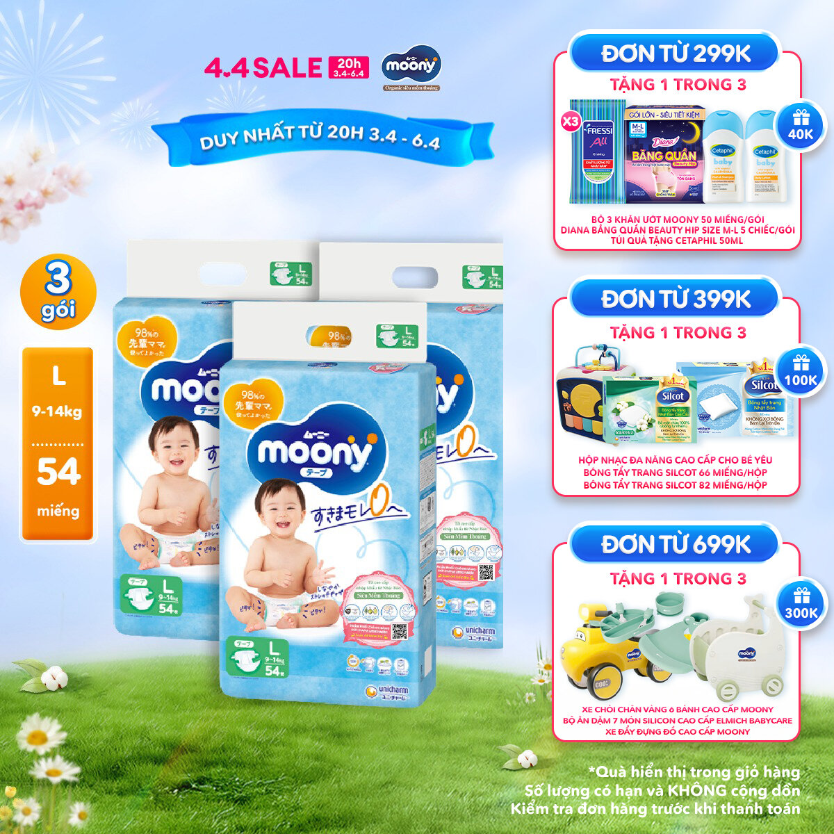 Combo 3 Tã/Bỉm dán cao cấp Moony Blue L54