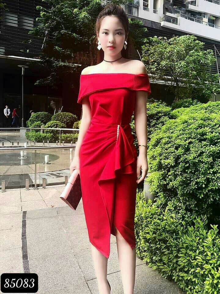 Đầm nữ trễ vai nhún eo dự tiệc màu đỏ